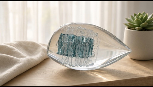 Mondgeblazen Kristallen Druppelsculptuur Met Turquoise Werveling En Luchtbellen – 17 Kg – glaskunst, Crystal