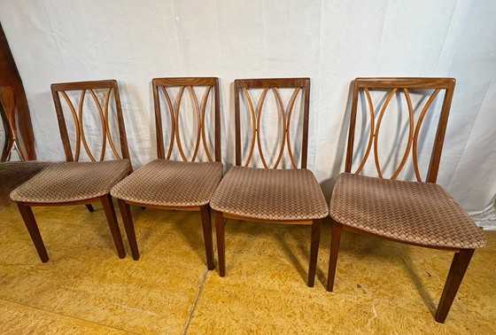 Image 1 of Mid century retro vintage teak and cloth dining chairs by GPlan 1970 elegant set of 4 dining chairs