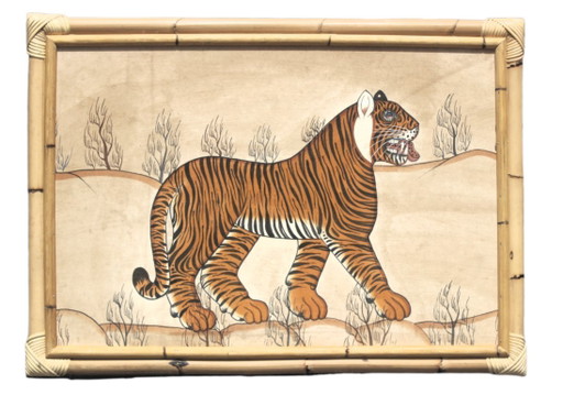 Onbekende Kunstenaar - Tijger in Bamboe Lijst – Exotische Decoratieve Kunst – Jaren '70 Stijl