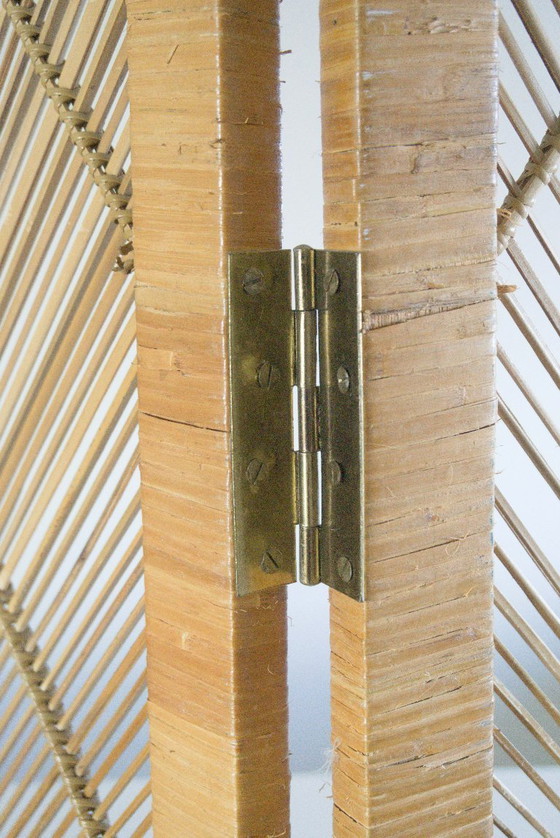 Image 1 of Paravento/divisorio pieghevole vintage bohémien in rattan naturale "Rotan" a 3 pannelli, anni '60/'70