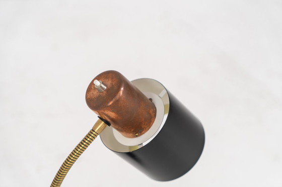 Image 1 of “Beta” table lamp in copper and brass by Jo Hammerborg for Fog & Mørup (Denmark, 1960s).
