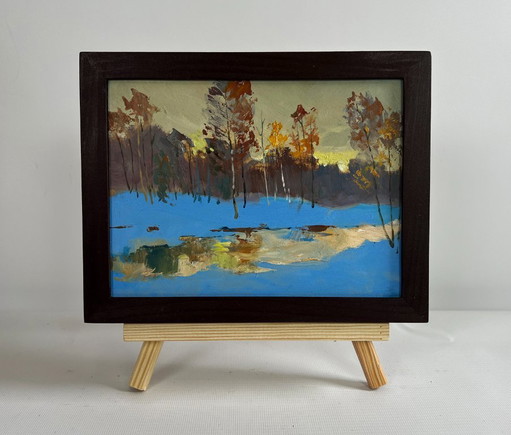 Original Oil Painting Evening Forest Landscape Reflection of a yellow sunset