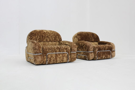 Set of vintage Italian armchairs in chrome and velvet from the 1970s