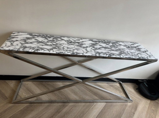 Buffet style Erik Kuster aspect marbre avec pieds argentés – Eric Kuster, dressoirs, Metal, Glass (photo 2 of 5)