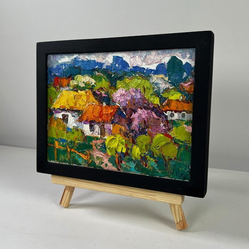 Original Oil Painting Summer Village Landscape Time stops in the green light