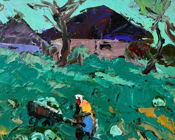 Image 1 of Original Oil Painting Summer Houses Landscape The city and the soul of the village