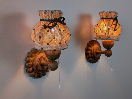 Image 1 of Carved Pine Wall Sconces with Jute Shades, Swedish Design, 1970s