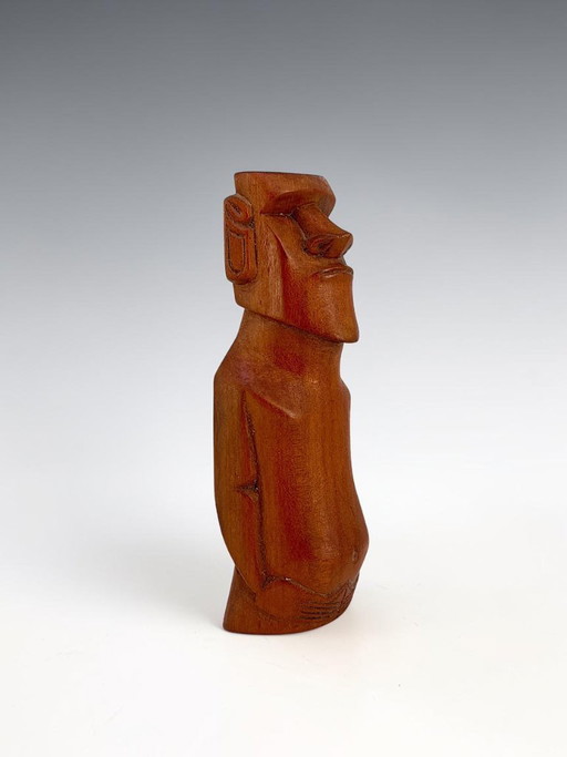 Scultura Moai vintage intagliata a mano – legno massello, design metà secolo/tiki