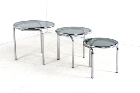 Image 1 of Italian round chrome nesting tables smoked glass vintage