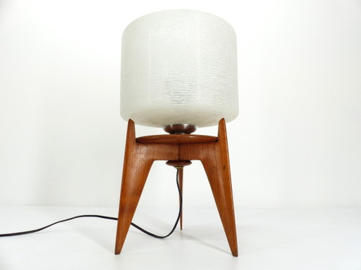 Vintage Tripod Wood And Glass Table Lamp 1950 France