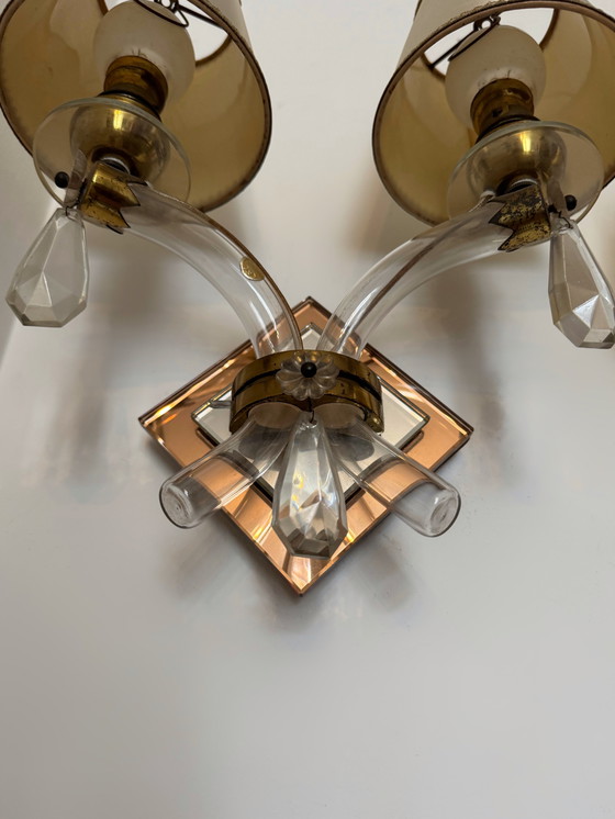 Image 1 of Art Deco crystal and brass mirror wall lights
