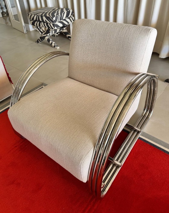 2 fauteuils Basque Eichholtz - Style Moderniste ( Panama Natural /  Chromé, Textile, Chrome, Beige (photo 5 sur 5)