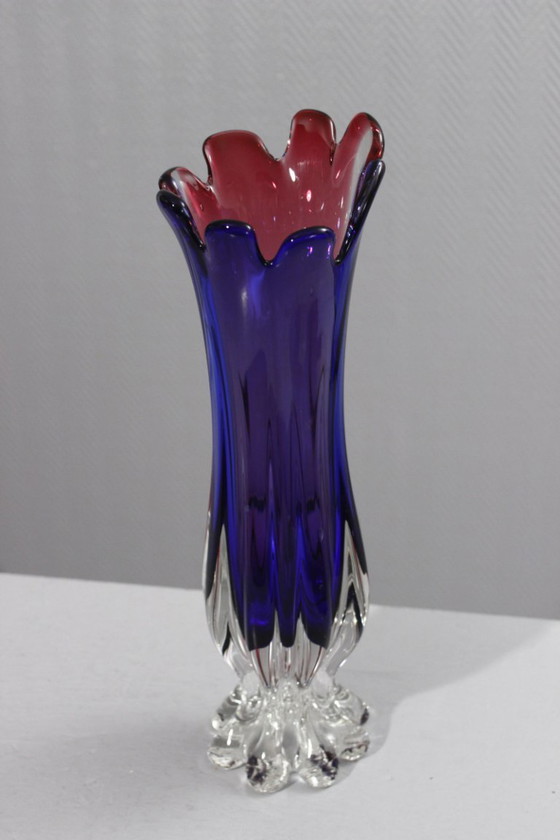Image 1 of Grote vaas van Murano-glas, vervaardigd met de Sommerso-techniek, roze en blauw, Italiaans design, jaren 70.