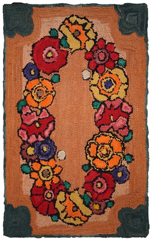 Vintage American Hooked Rug 2'x3' - 1930s Orange Floral