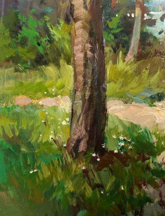 Image 1 of Pintura al óleo original Paisaje fluvial costero Río en los brazos del bosque