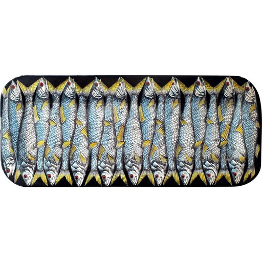 Vintage lacquered metal tray with fish decoration by Fornasetti Piero, Italy 1950