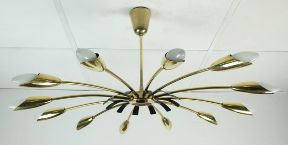 Image 1 of large 12-light sputnik spider ceiling light brass black metal 1950s mid century stilnovo era