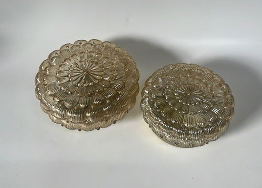 Mid - Century wall lamp or ceiling lamp amber flower shape glass