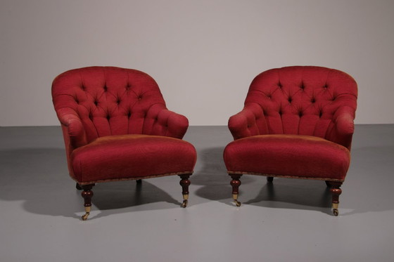 Image 1 of Pair of French Red fabric Button Back Armchairs 