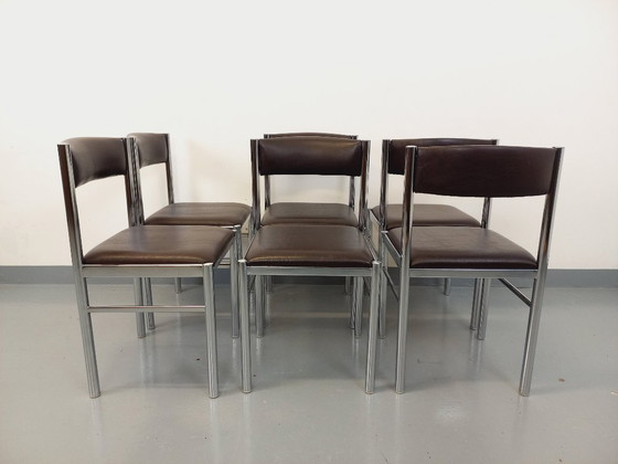Image 1 of Set di 6 sedie vintage anni '70 in metallo cromato e similpelle marrone