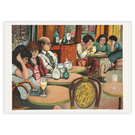 Lithographie signée de David Azuz, Au Café, 1982 – lithos zeefdrukken, Paper (photo 2 of 5)