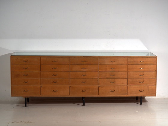Vintage Twenty-Drawer Counter Chest, Central Europe, circa 1950, Storage cabinet, Glass, Brass, Black (photo 10 of 21)