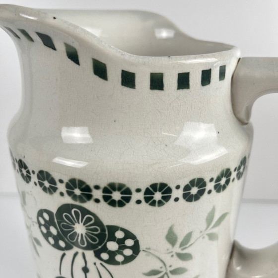 Image 1 of Antique earthenware pitcher, green floral decoration, ironstone, late 19th - early 20th century