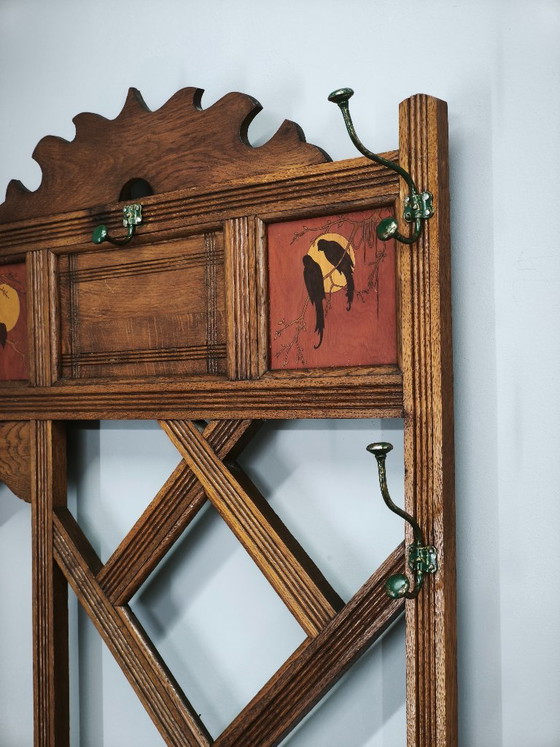Appendiabiti Arts & Crafts in rovere massiccio, c. 1900, con ganci e portaombrelli, Legno, Metallo, Marrone (foto 10 di 14)
