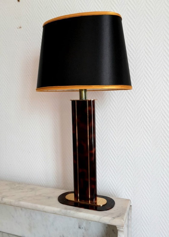 Image 1 of Black and gold Hollywood Regency tortoiseshell lamp