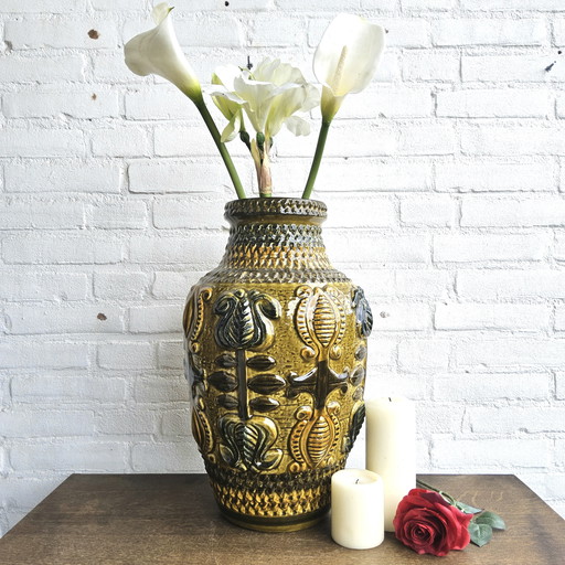 Vintage Keramieken XXL West Germany Vaas (Bay) Mosterdkleur / West Germany Vase Mustard Colour
