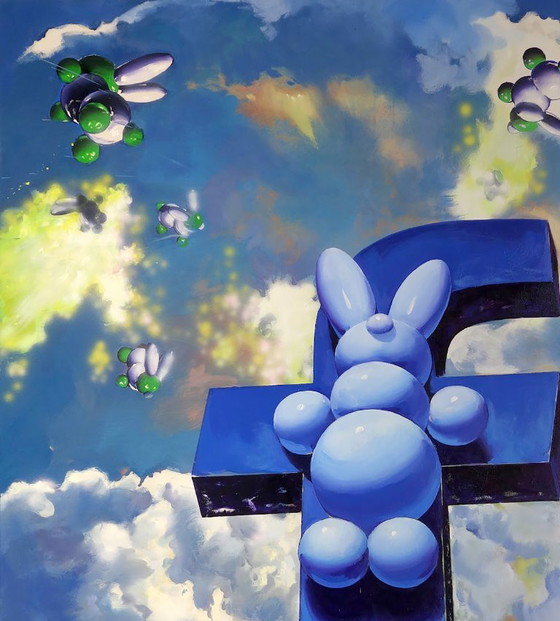 Peinture à l'Huile Originale Symbolisme Pop Art Informateur, Peintures et dessins, Toile, Bleu (photo 4 sur 7)