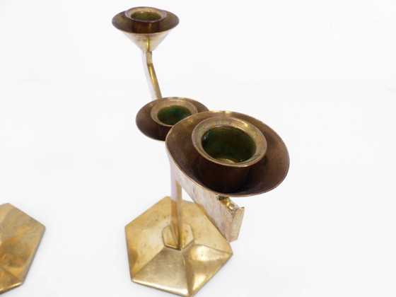 Image 1 of Coppia di candelieri modernisti a tre bracci in ottone massiccio, circa 1960