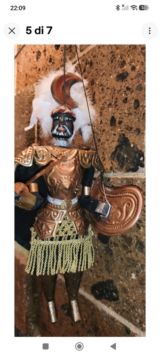Vintage Puppet Puppet, 40cm, Brass Armor, Ceremonial – Decorative Objects, Metal, Textile (photo 5 of 7)