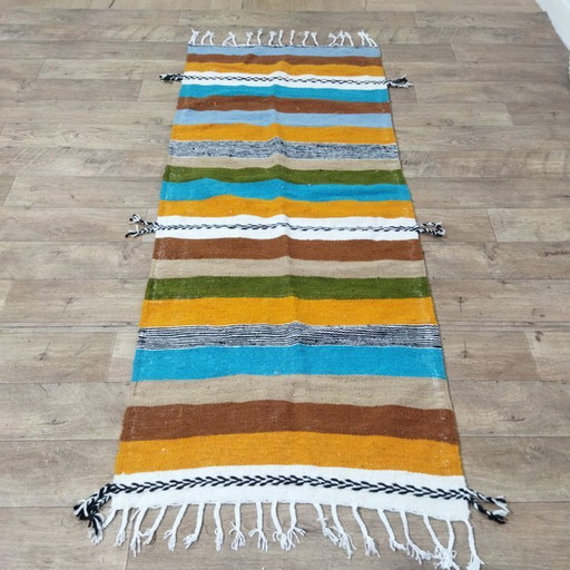 Authentieke Marokkaanse Kilim-loper 216 x 87 cm – Handgemaakt gestreept Berberkleed