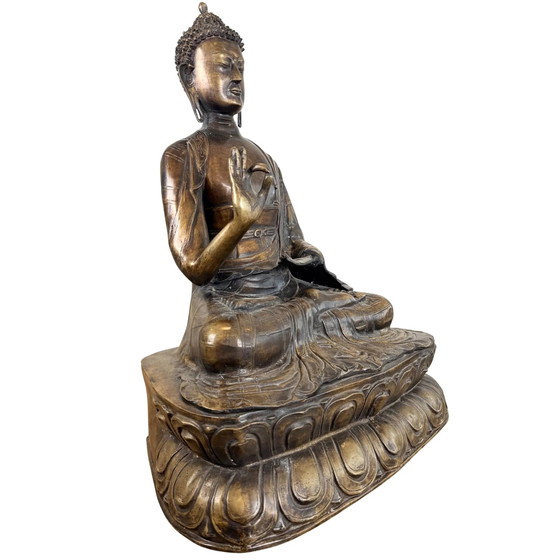 Estatua Monumental Antigua Bronce Dorado al Fuego Buda Shakyamuni – Túnica Kasaya Campo Arroz – Siglo XVIII (photo 3 of 10)