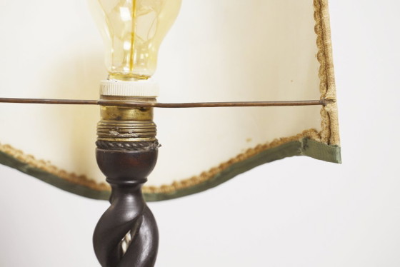 Image 1 of Vintage Carved Wood Barley Twist Lamp with Hand Embroidered Floral Shade and Acanthus Leaf Tripod Feet