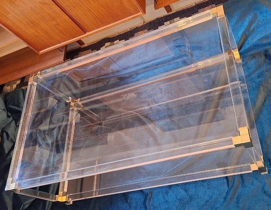 Image 1 of Large Italian 2-Level Coffee Table in Lucite, Glass and Gilt Brass, 1970-80