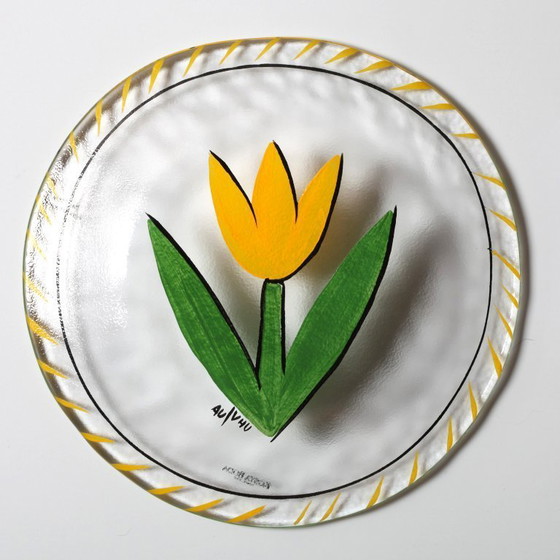 Image 1 of Assiette en verre vintage Kosta Boda : Tulipe jaune Design par Ulrica Hydman Vallien
