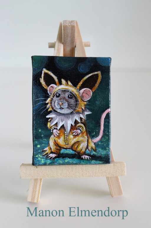 Uniek Handgeschilderd Miniatuur Schilderijtje  Pokemon Cosplay Muis Jolteon