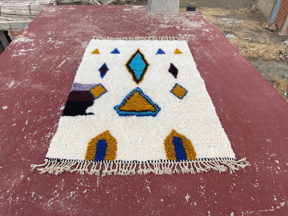 Tappeto berbero marocchino crema e blu 250x150 cm – motivi geometrici colorati – Tappeti, Lana, Cotone (photo 4 of 8)