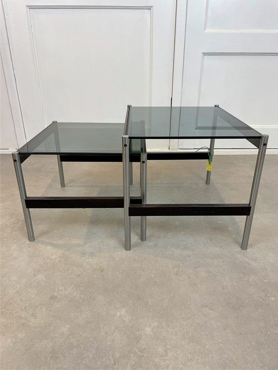 Image 1 of Ensemble de tables d'appoint vintage Thereca – chrome, palissandre et verre fumé
