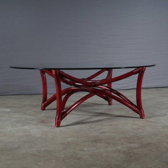 Image 1 of Tavolino da caffè vintage in bambù/manou con piano in vetro – anni '80