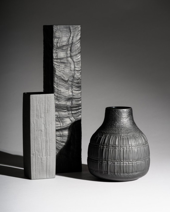 Image 1 of Black Porcelain Vase Trio Martin Freyer & Elsa Fischer-Treyden Rosenthal Op-Art