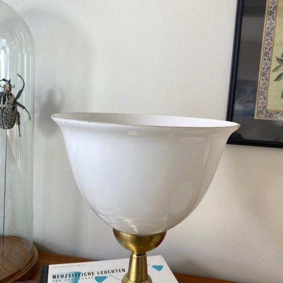 Antique white opaline glass globe table lamp with brass base, Gold (photo 4 of 8)