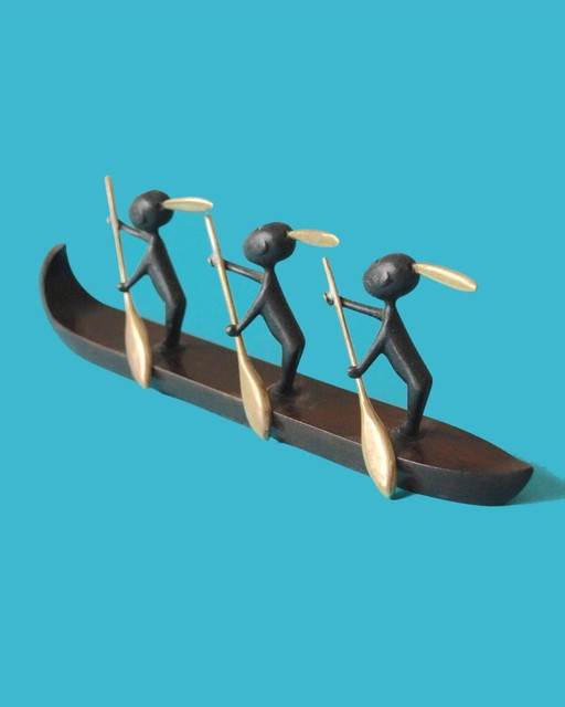 Kanufahrende afrikanische Figuren aus Bronze, Hagenauer Werkstätte, Österreich 1930