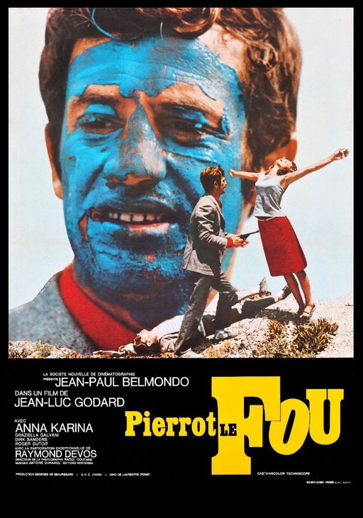 Pierrot le Fou, een iconische film van de Franse Nouvelle Vague, geregisseerd door Jean-Luc Godard - Poster 70 x 100 cm