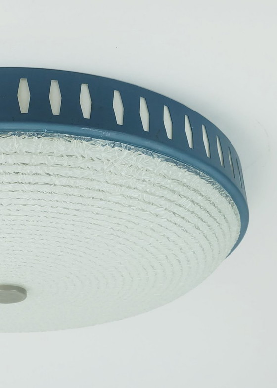 Image 1 of rare large mid century modern CEILING LIGHT by hillebrand 1960s flush mount textured glass blue metal frame