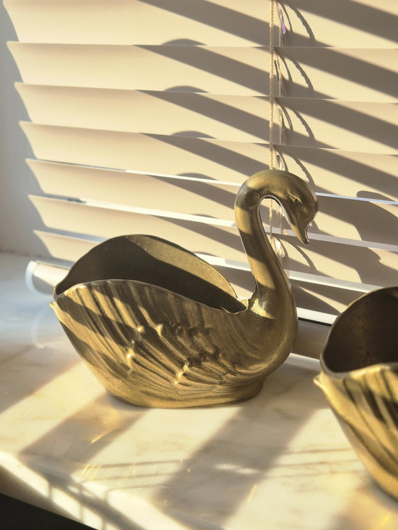 Image 1 of 2x Brass Swan Flower Pot