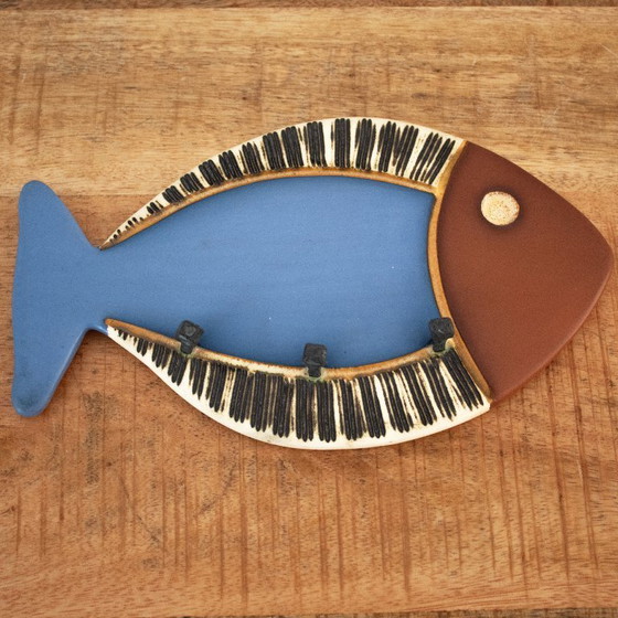 Image 1 of Vintage ceramic fish key holder wall rack: handmade Cuenca Tierra pottery from Ecuador