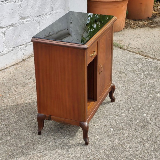Antieke Franse art-deco console met marqueterie, houten kast met glazen blad, jaren 30 – Ladekasten, Glass (photo 4 of 21)